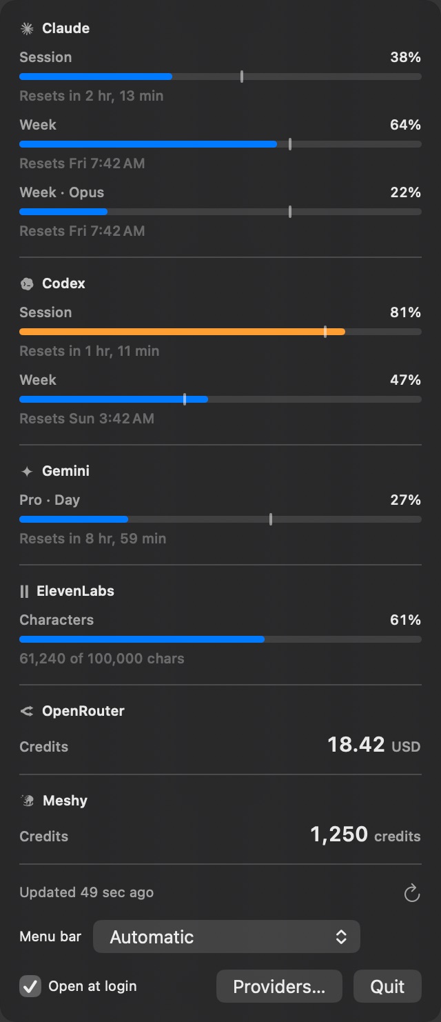 Birdseye in the Mac menu bar, showing usage across six AI services